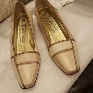 Bruno Magli Two-Tone Cream and Tan Leather Pointed Flats